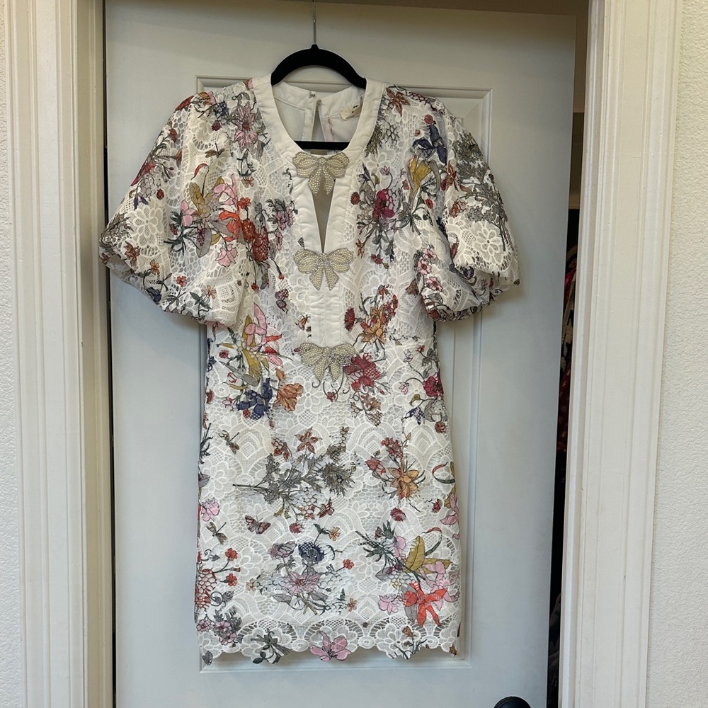 entro White Floral Lace Mini Dress with Multicolor Accents